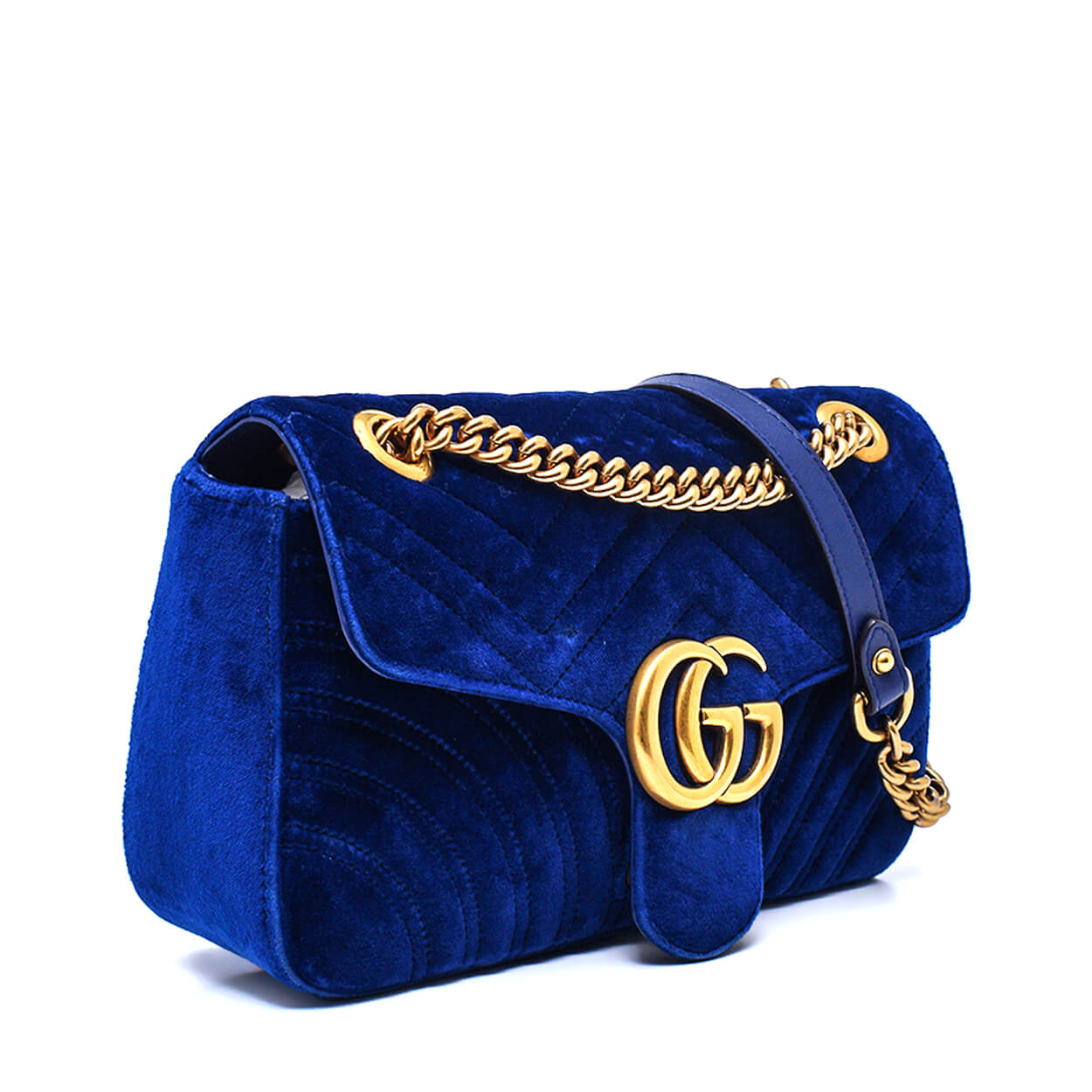 Gucci - Navy Blue Velvet Marmont Matelasse Medium Flap Bag